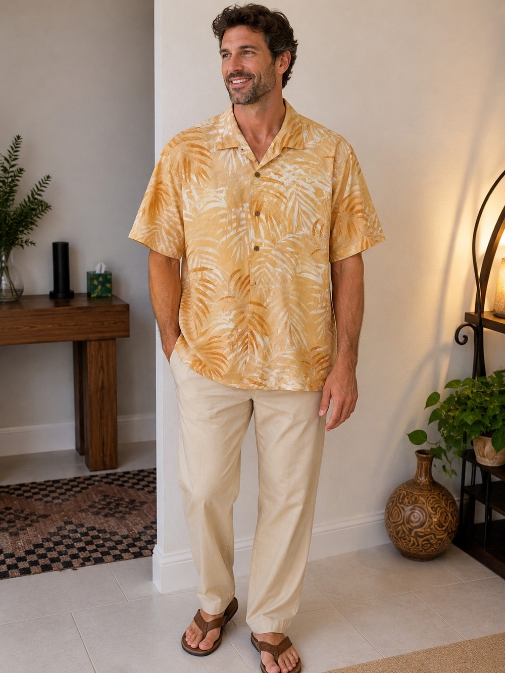 Tommy Bahama Silk Yellow and Cream Palm-Print Camp Shirt 2XL TALL